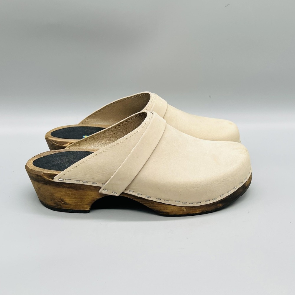 Lotta Clogs Womens 7.5 Beige Leather Clogs Mules Wooden Boho Slides Comfort Fall